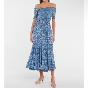 NWOT POUPETTE ST BARTH Blue Smocked Soledad Off Shoulder Maxi Dress